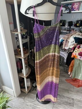 Sequined Multicolor Strappy Maxi Dress — Purple & Gold Waves